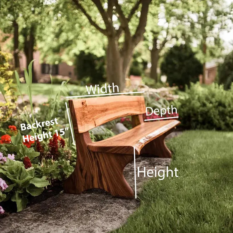 Rustic Live Edge Wood Bench with Backrest for Hallway or Garden