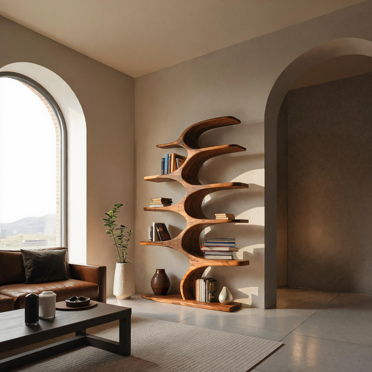 Artistic Curved Bookshelf Fluid Lines Statement For Designer Interiors
