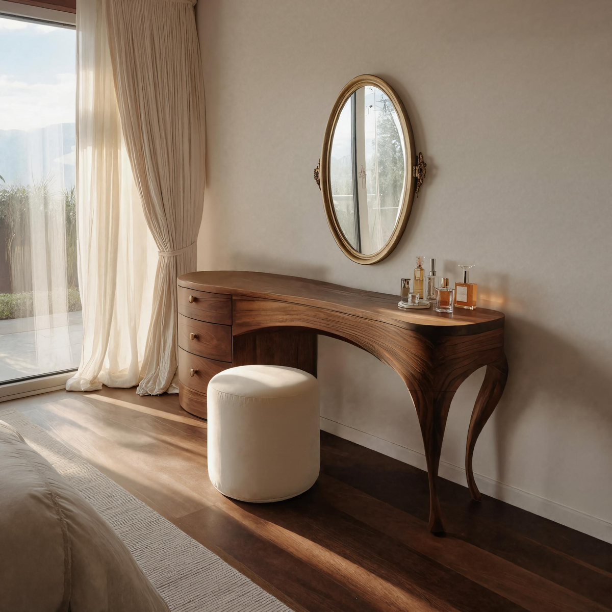 Handcrafted Wood Vanity Table With Sculptural Legs For Dressing Space