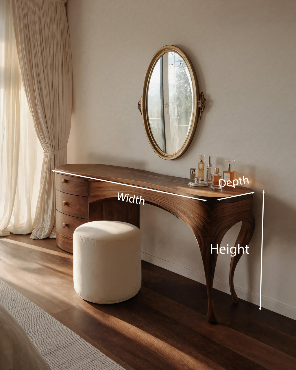 Handcrafted Wood Vanity Table With Sculptural Legs For Dressing Space