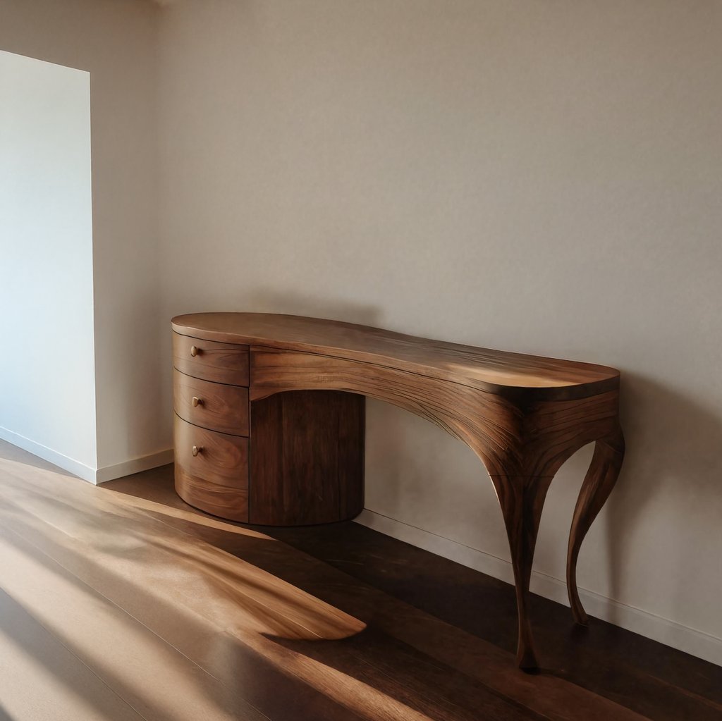 Handcrafted Wood Vanity Table With Sculptural Legs For Dressing Space