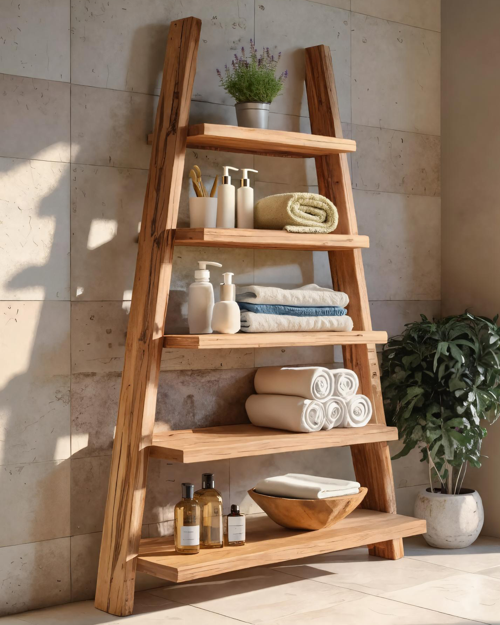 A-Frame Ladder Shelf With Open Tiers For Bathroom
