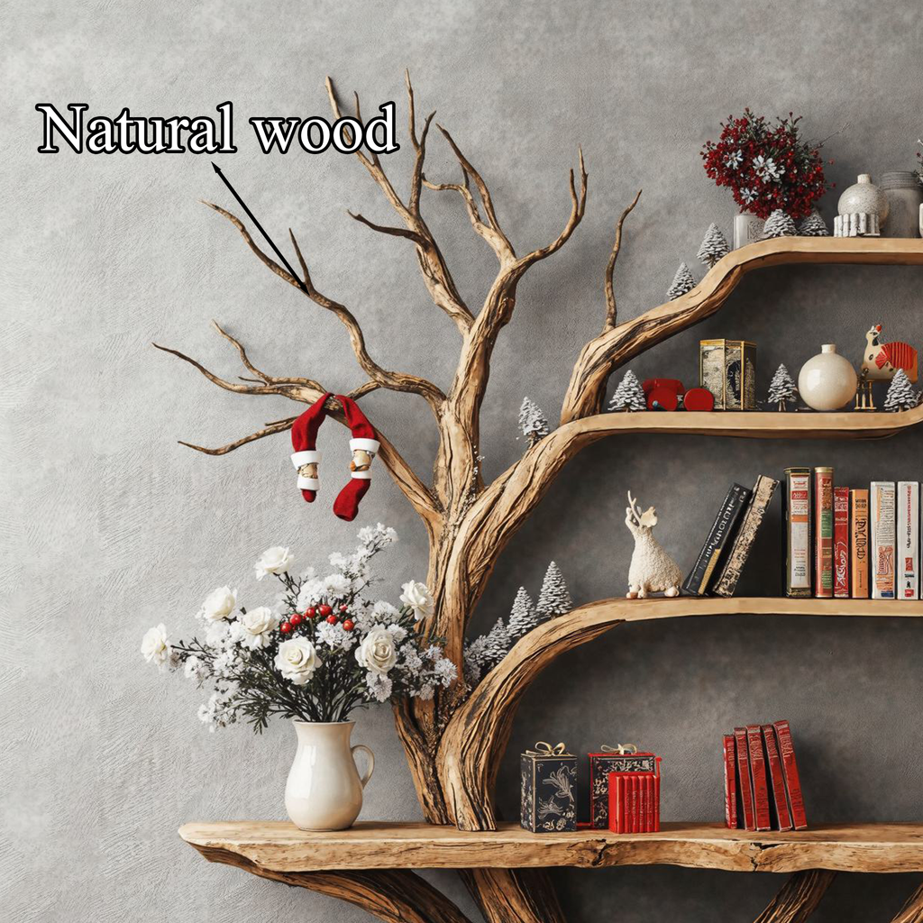 Live Edge Console Table with Tree Bookshelf, 2-in-1 Solid Wood