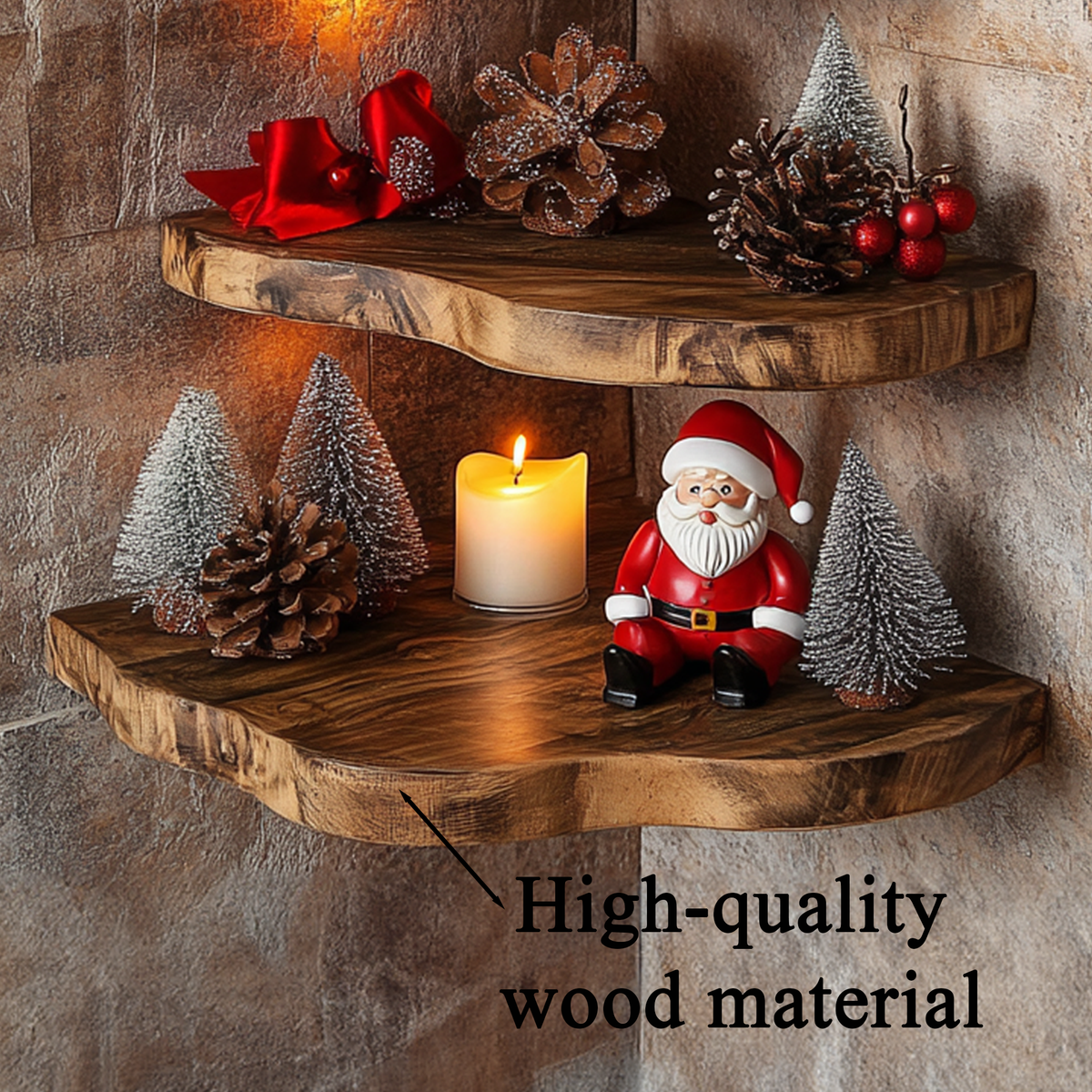 Corner Floating Shelf, Live Edge Walnut Tone Christmas Decor