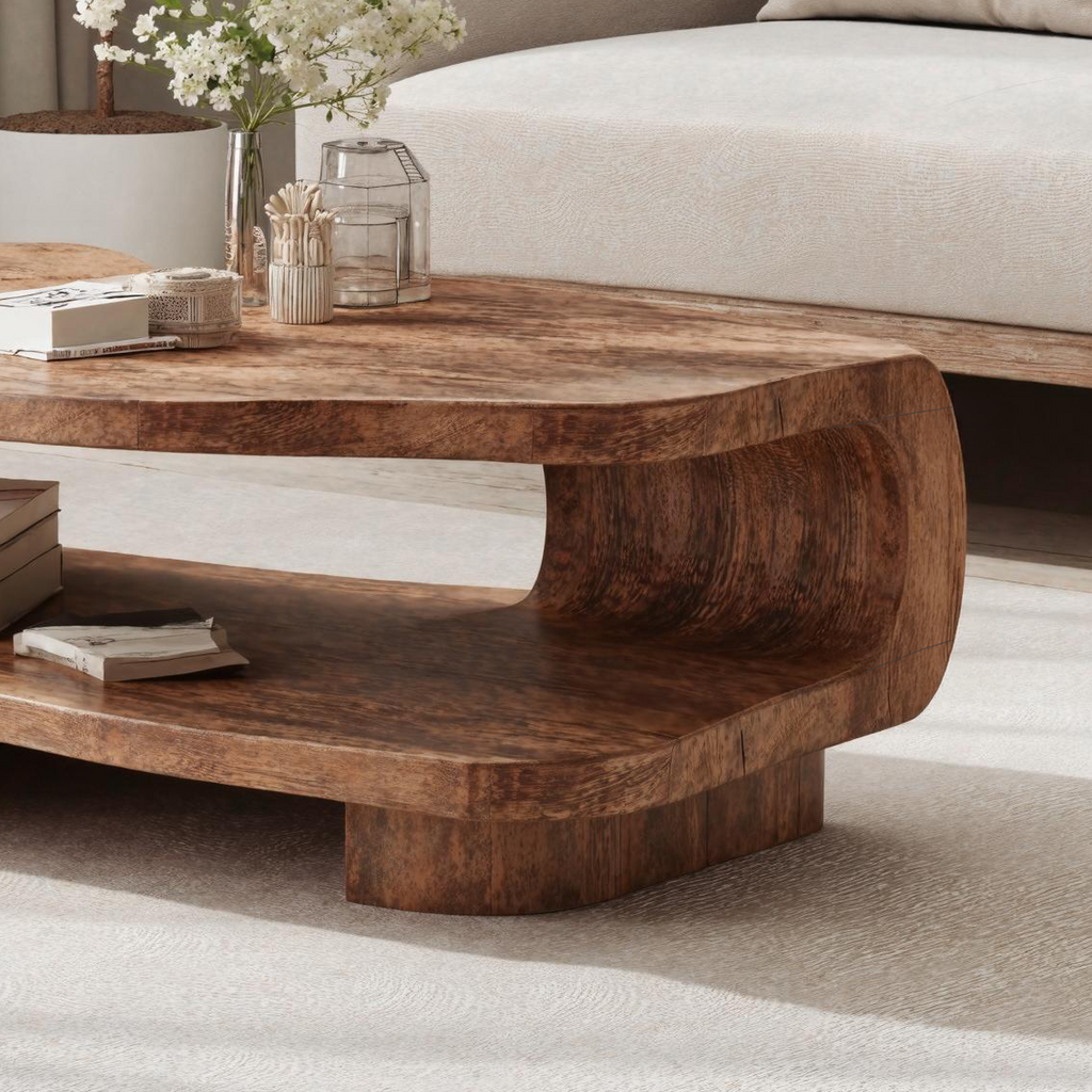 Farmhouse Coffee Table, Low Solid Wood Centerpiece in Warm Brown