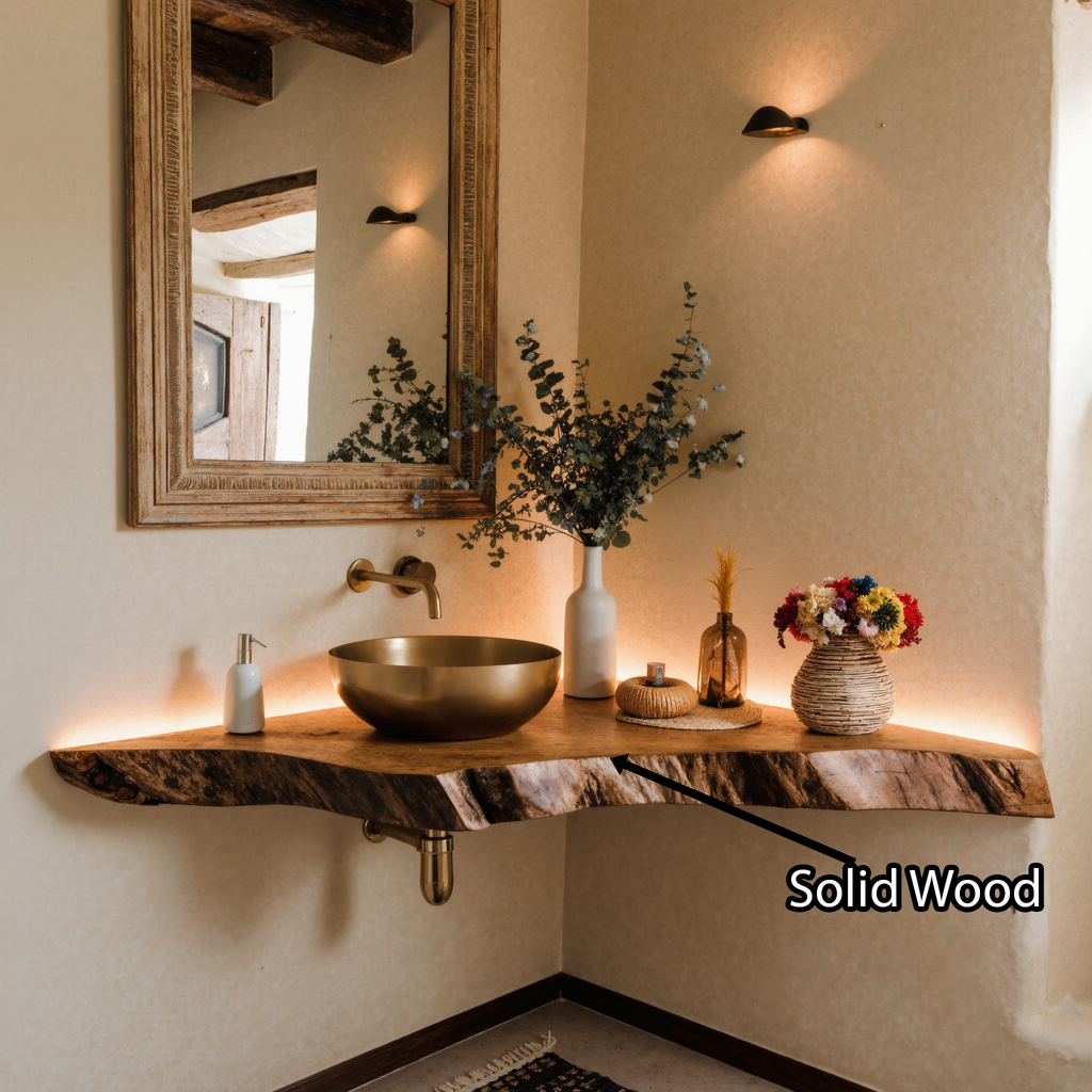 Corner Bathroom Vanity, Wall-Mounted Wood Shelf for Vessel Sinks