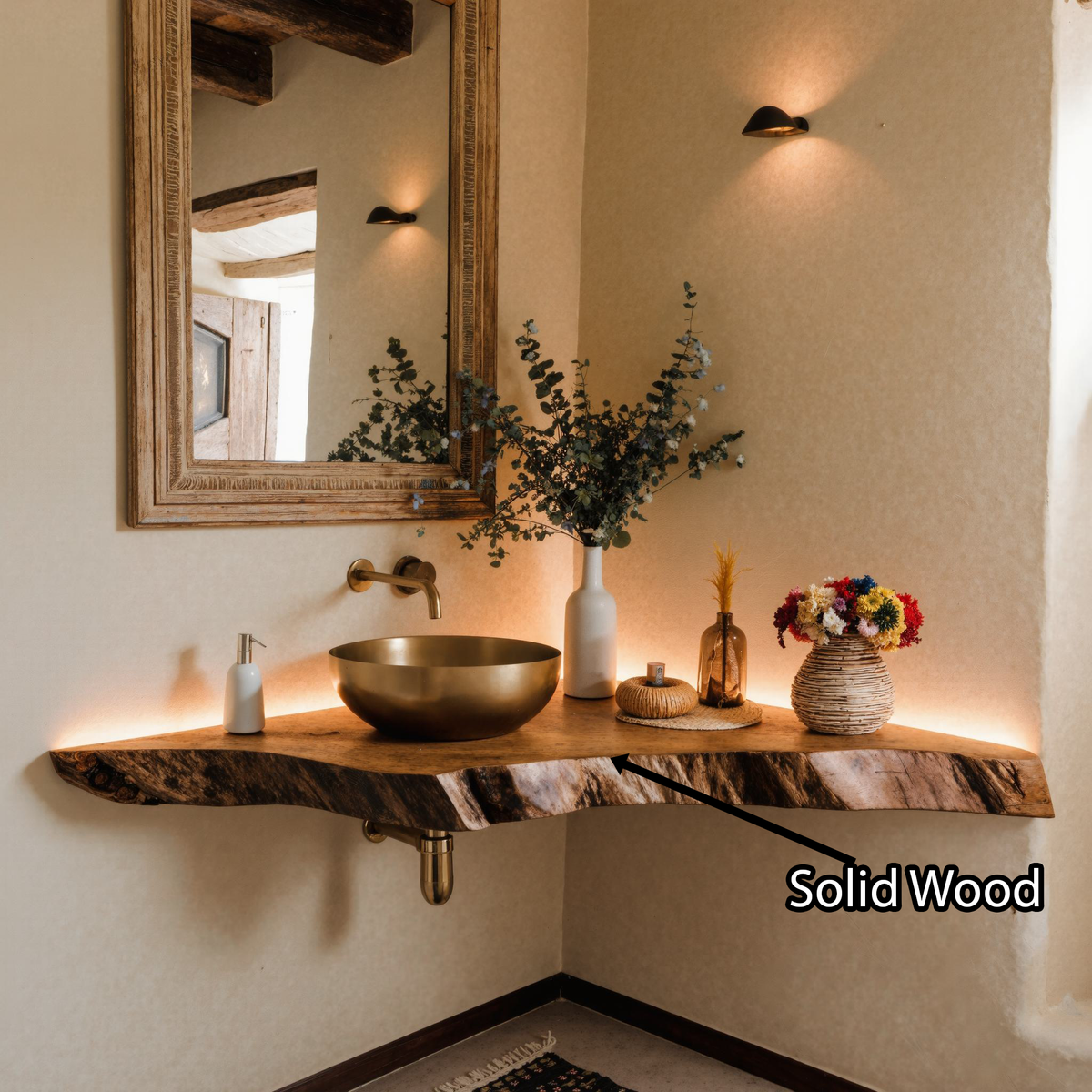 Corner Bathroom Vanity, Wall-Mounted Wood Shelf for Vessel Sinks