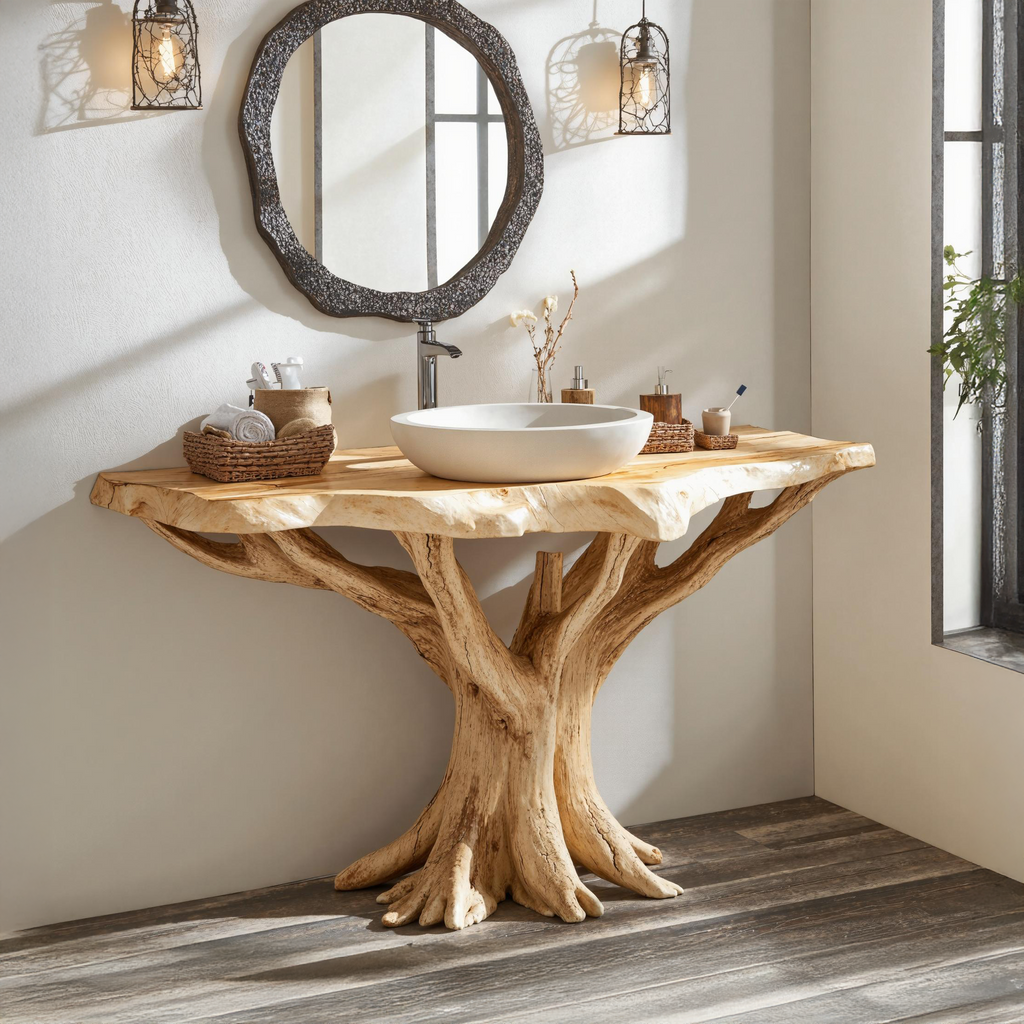 Live Edge Bathroom Vanity With Natural Tree Base, Rustic Wood