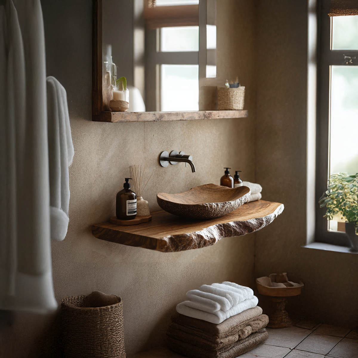 Live Edge Bathroom Vanity Shelf, Solid Wood Vessel Sink Countertop