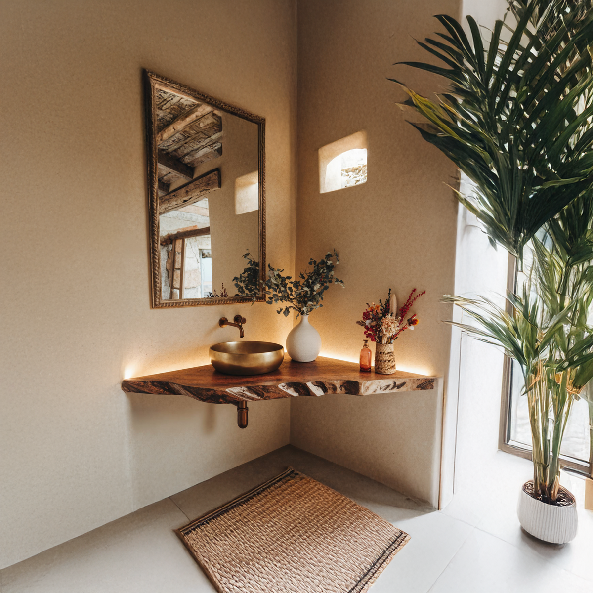 Handcrafted Corner Bathroom Wooden Shelf