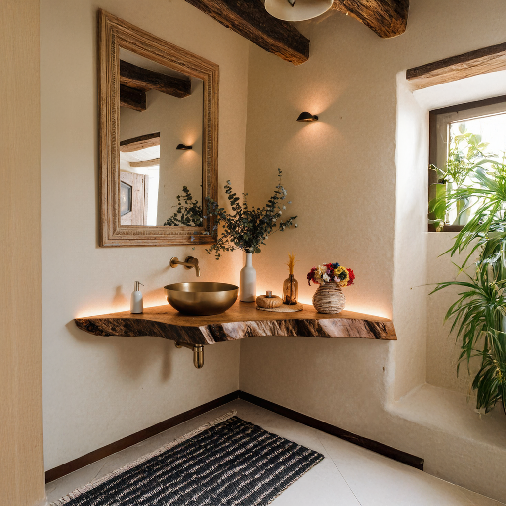 Corner Bathroom Vanity, Wall-Mounted Wood Shelf for Vessel Sinks