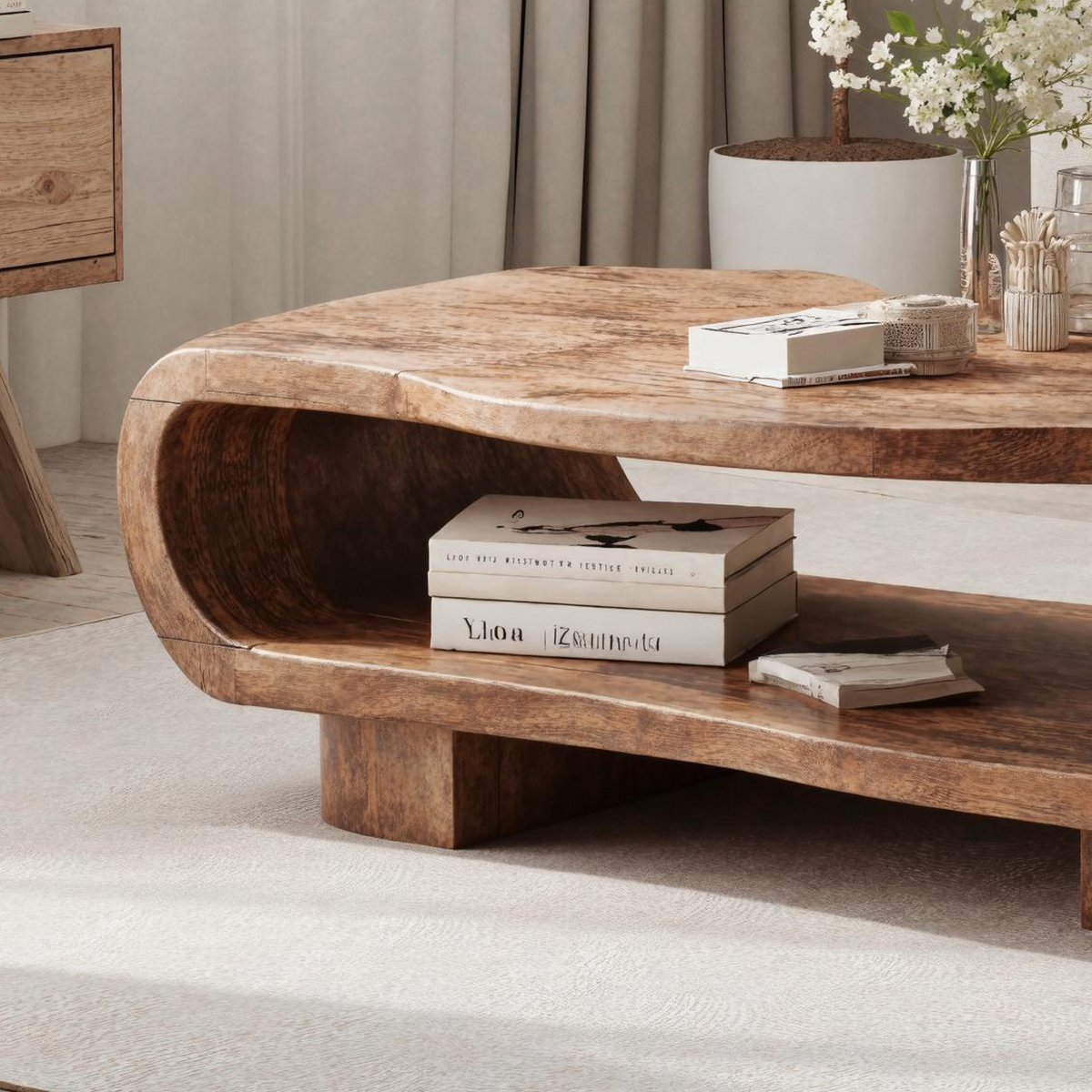 Farmhouse Coffee Table, Low Solid Wood Centerpiece in Warm Brown