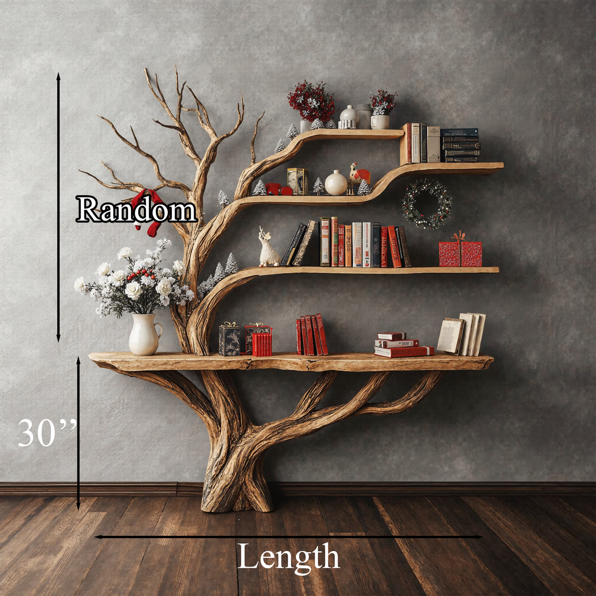 Live Edge Console Table with Tree Bookshelf, 2-in-1 Solid Wood