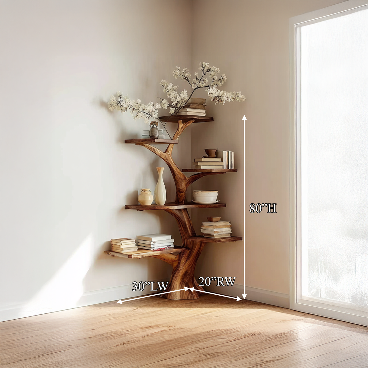 Corner Tree Bookcase, Tall Wall-Mounted Branch Shelf for Living Room