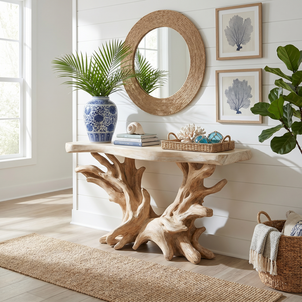 Coastal Console Table with Open Shelf, Rustic Solid Wood Sofa Table