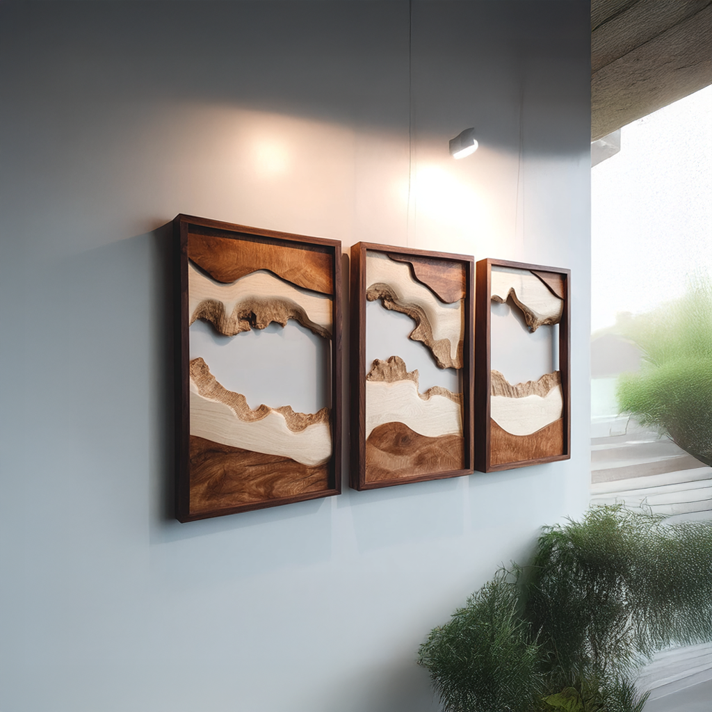 Handcarved Set Wooden Wall Panels Abstract Nature Art Interiors