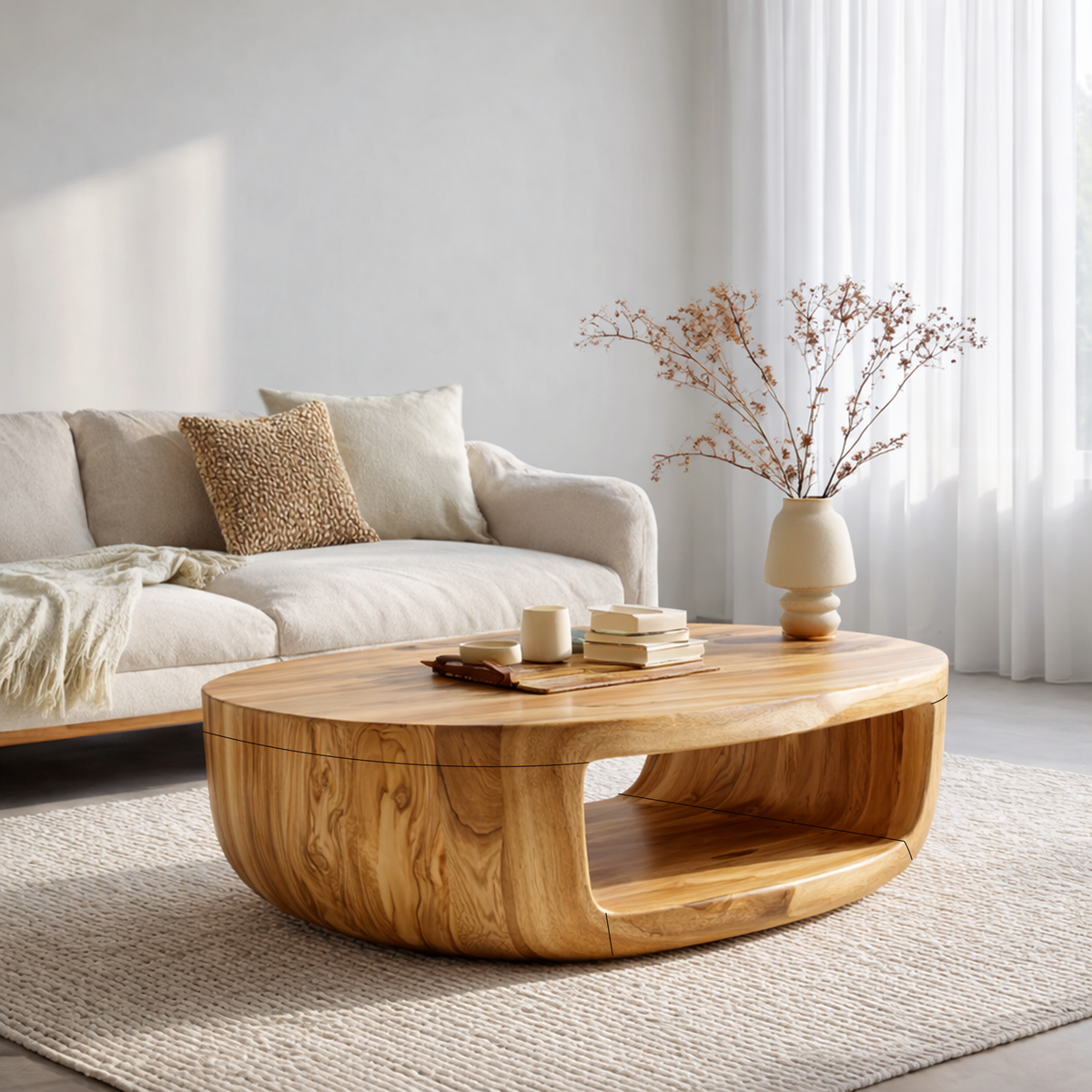 Curved Shell Solid Wood Coffee Table Calm Contemporary Living Room Interior