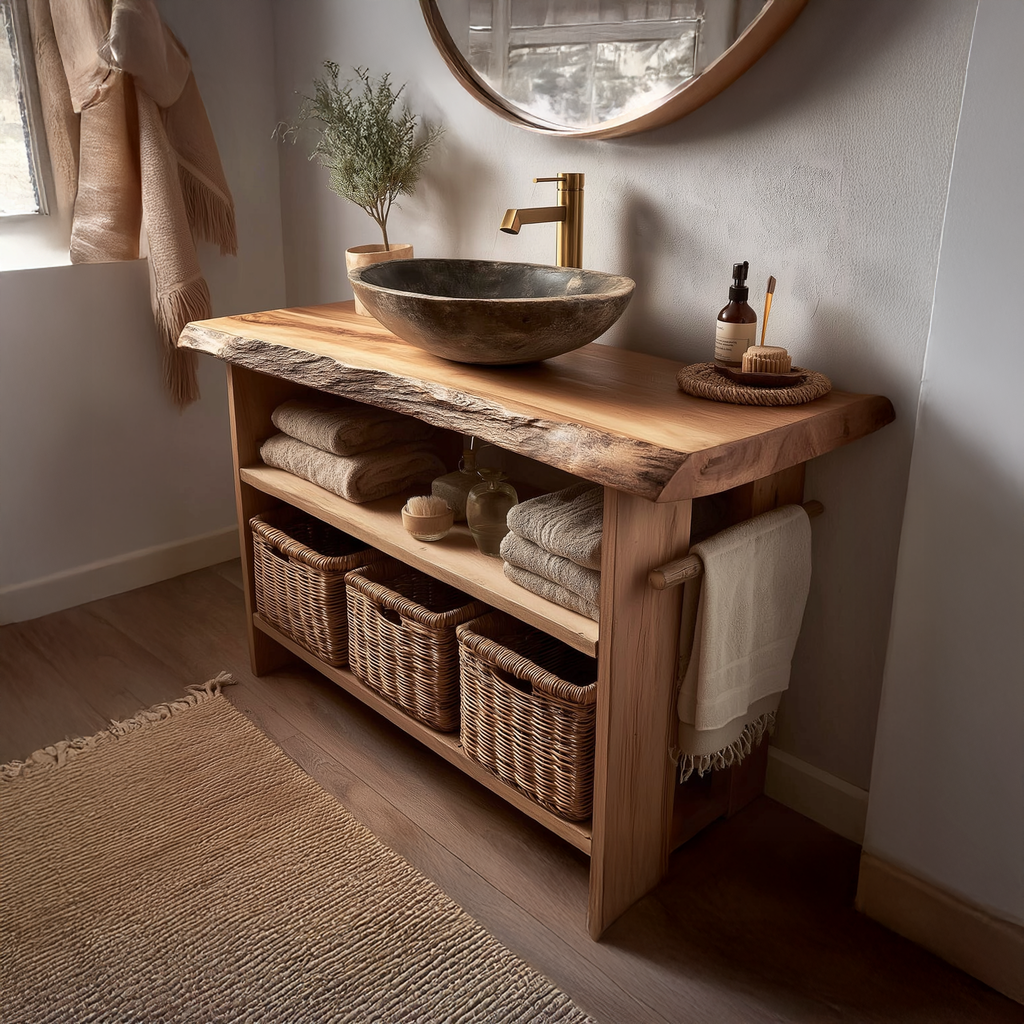 Rustic Bathroom Vanity with Open Storage, Live Edge Reclaimed Wood