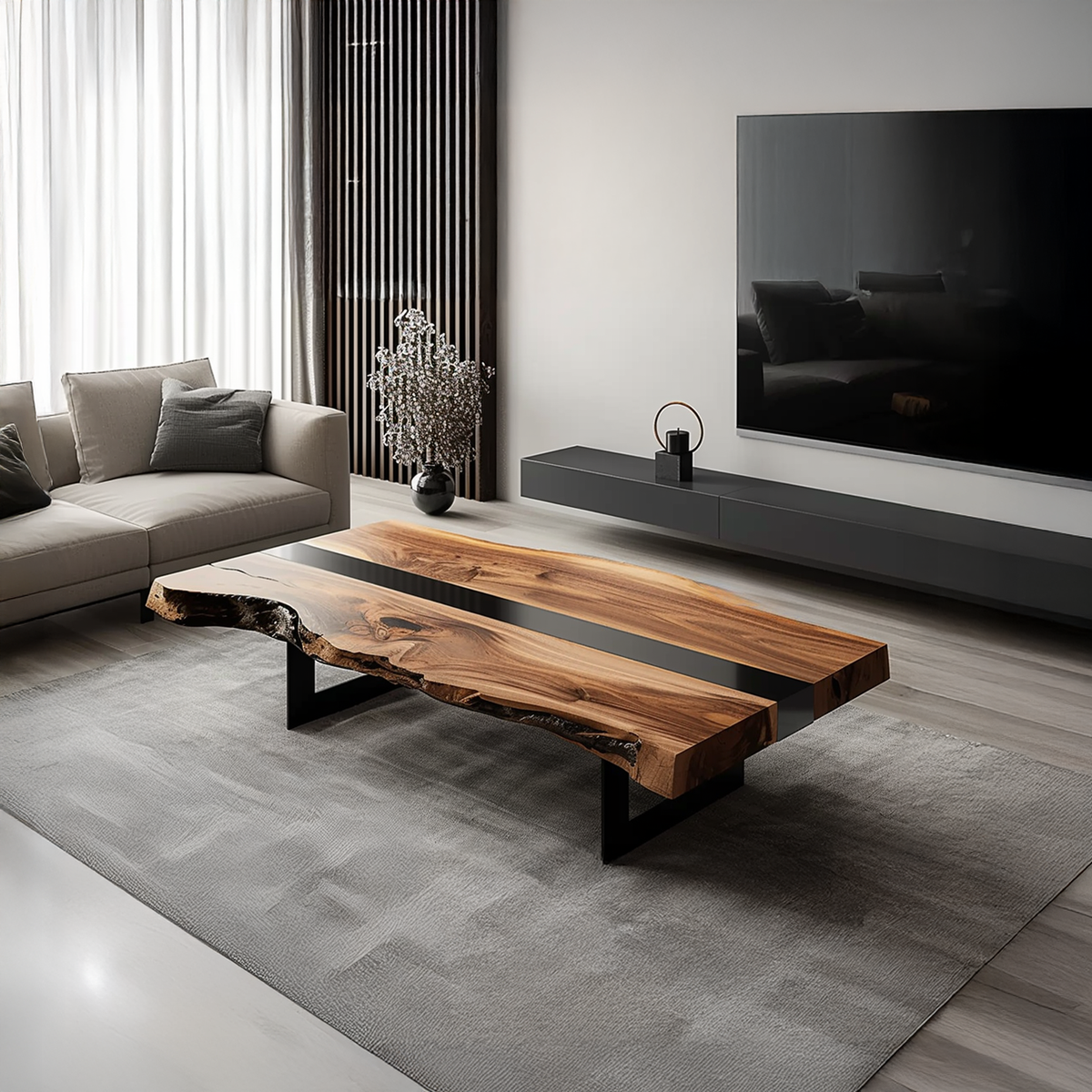 Rustic Live Edge Coffee Table, Low Solid Wood Table for Living Space