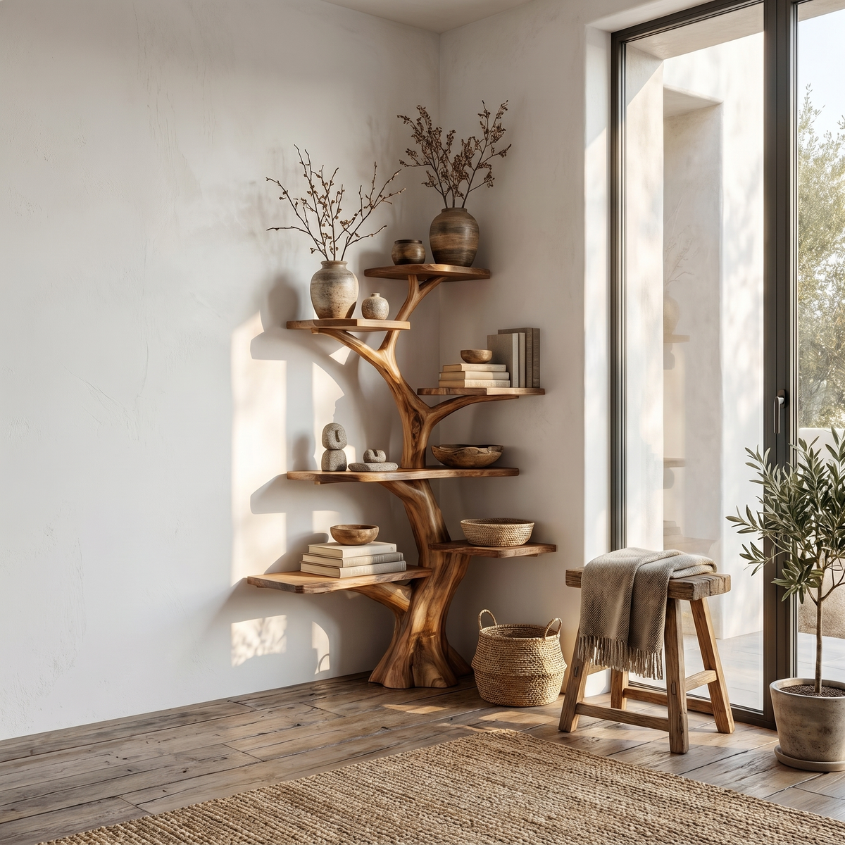 Corner Tree Bookcase, Tall Wall-Mounted Branch Shelf for Living Room