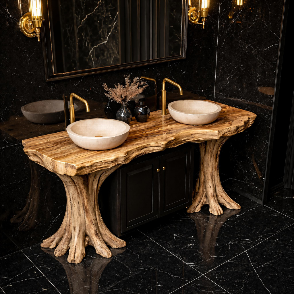 Luxury Organic Solid Wood Bathroom Vanity Tree Base Statement Design