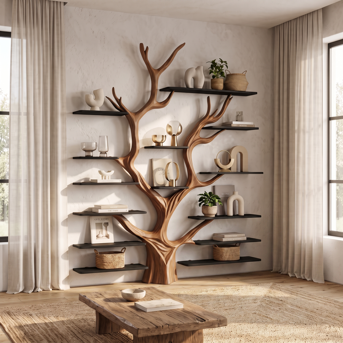 Sculptural Tree Wall Unit, Branch Clothes Rack and Shoe Shelf