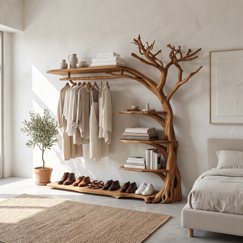 Rustic Tree Coat Rack with Shoe Shelf Live Edge Entryway Organizer