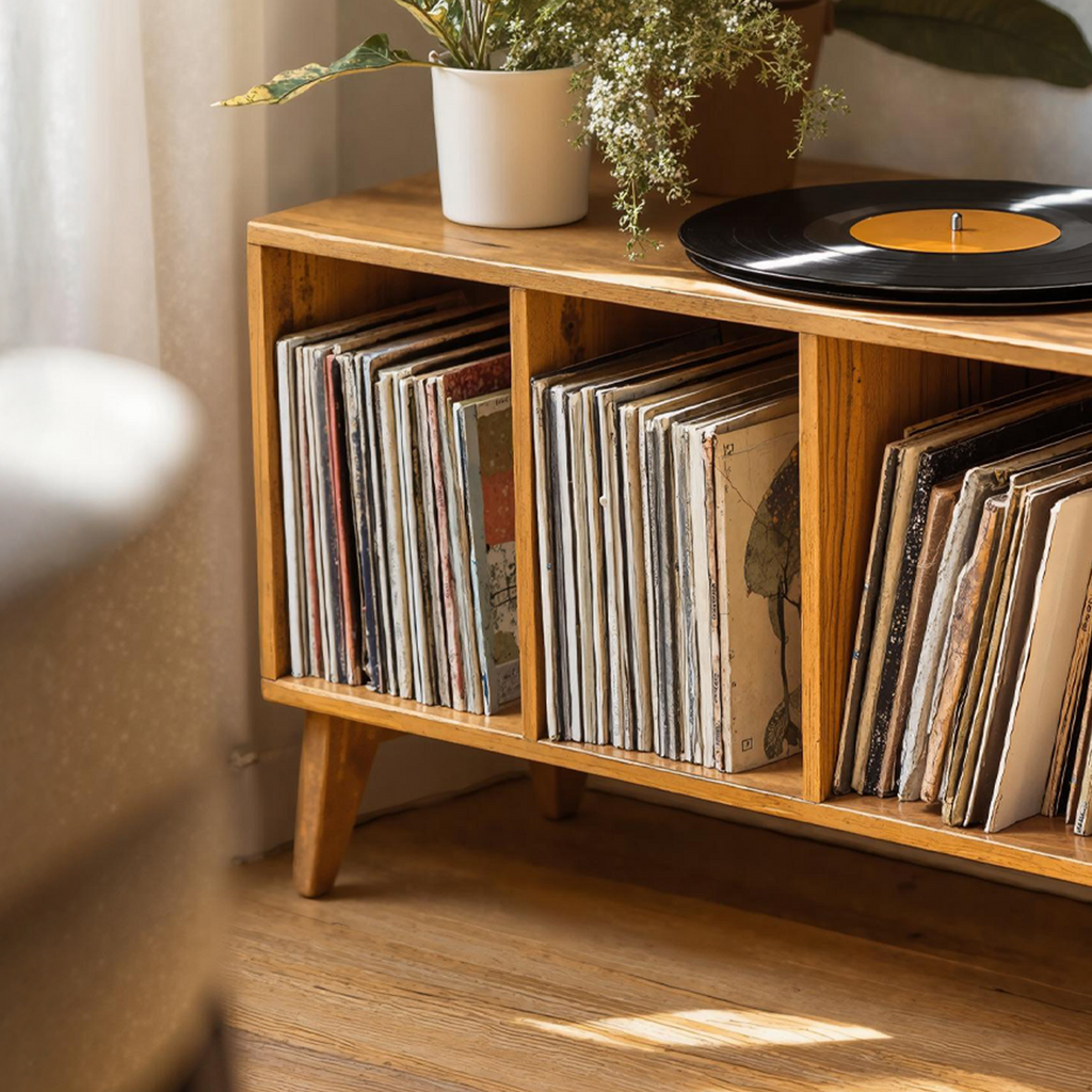 Farmhouse Record Stand For Vinyl Collection In Entryway Area