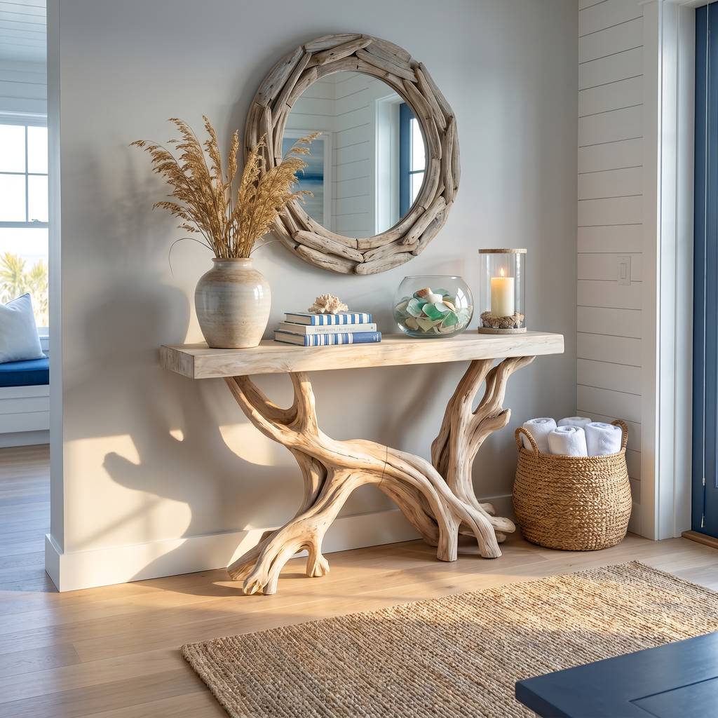 Console Table, Rustic Coastal Solid Wood for Living Room and Hallway