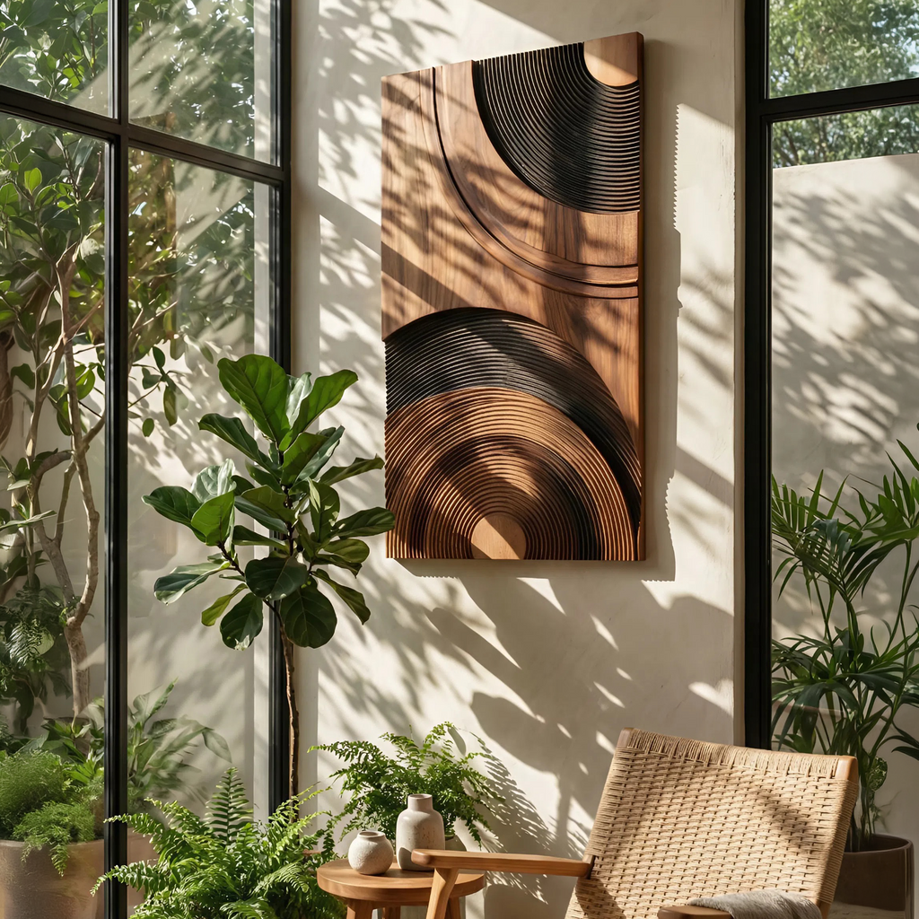 Mid Century Abstract Wood Wall Decor, Handcrafted Geometric Wooden Sculpture Panel for Modern Living Room & Entryway Accent
