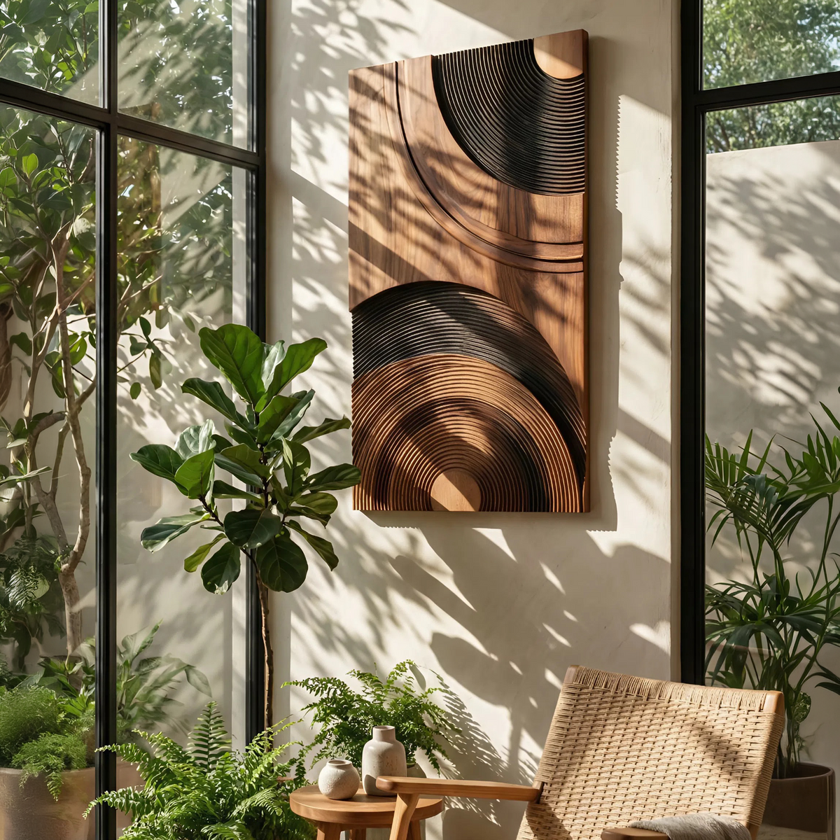 Mid Century Abstract Wood Wall Decor, Handcrafted Geometric Wooden Sculpture Panel for Modern Living Room & Entryway Accent