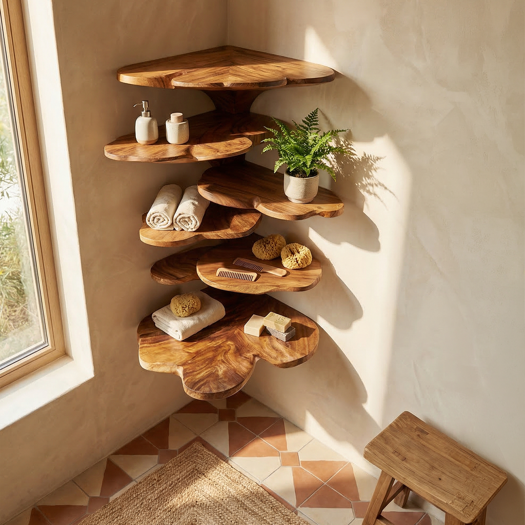 Boho Leaf Shaped Wooden Corner Shelf, Handcrafted Floating Tiered Wall Mounted Display Rack for Kids Nursery & Bedroom Decor