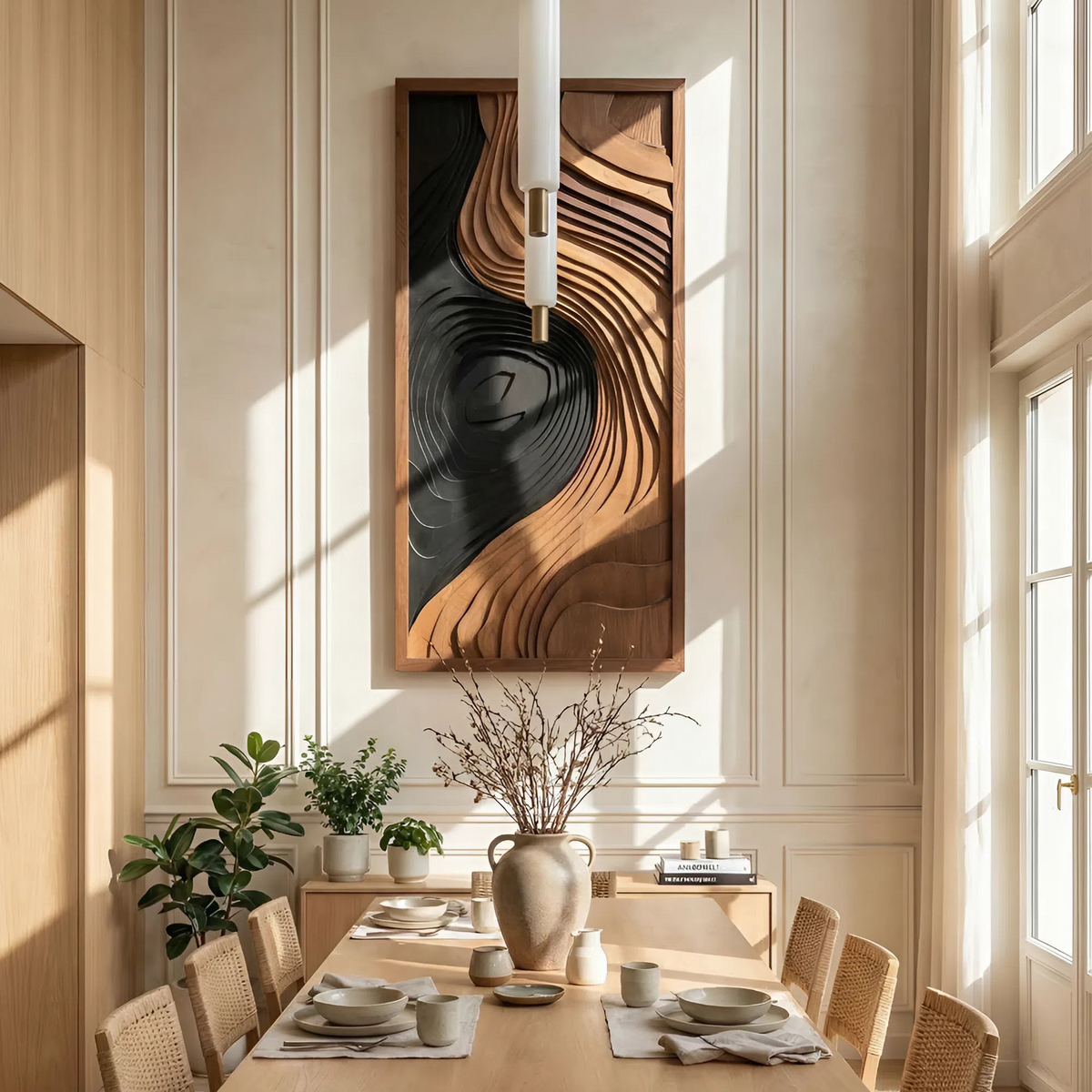 Contemporary Abstract Wood Wall Art Panel, Handcrafted Textured Wooden Geometric Sculpture Decor for Bedroom & Living Room