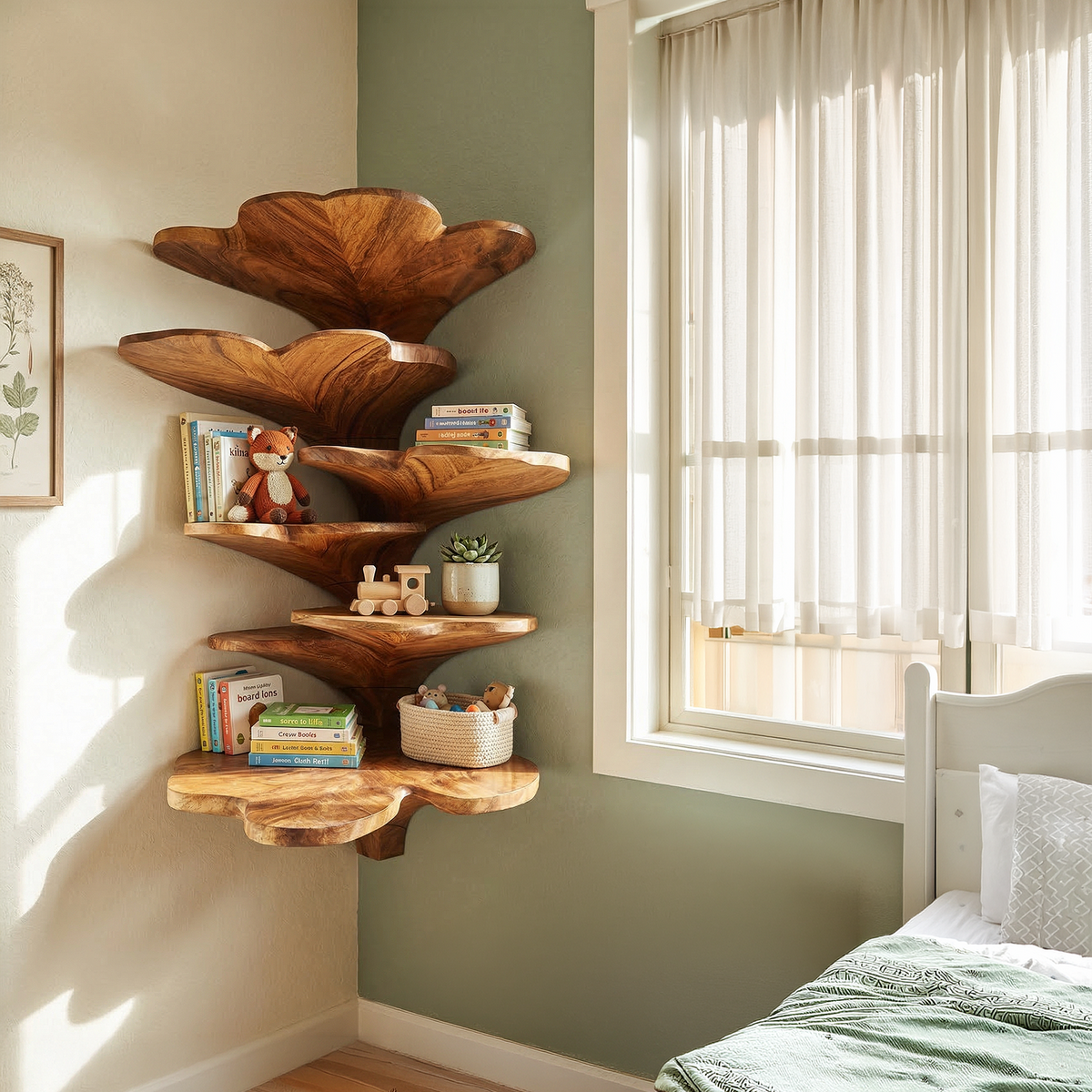 Boho Leaf Shaped Wooden Corner Shelf, Handcrafted Floating Tiered Wall Mounted Display Rack for Kids Nursery & Bedroom Decor