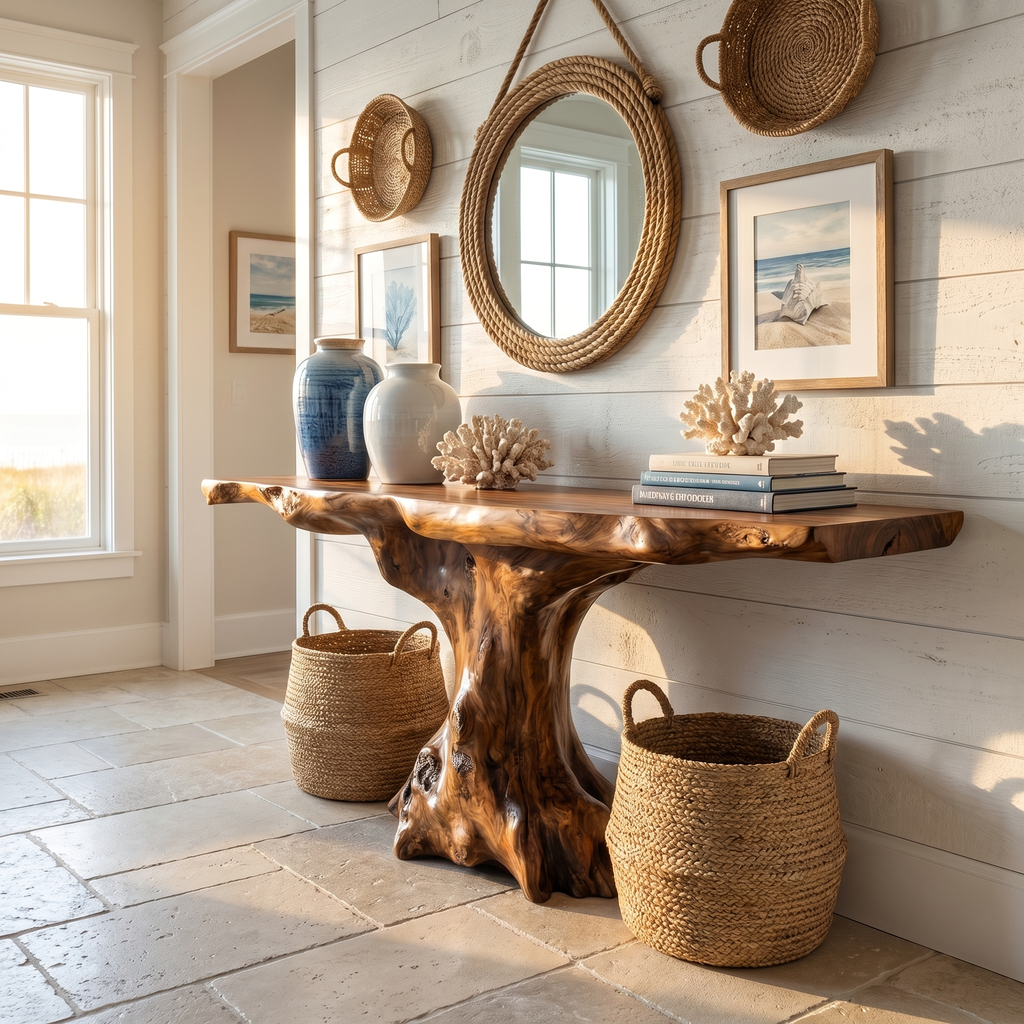 Live Edge Console Table, Sculpted Root Base Solid Wood Accent Table