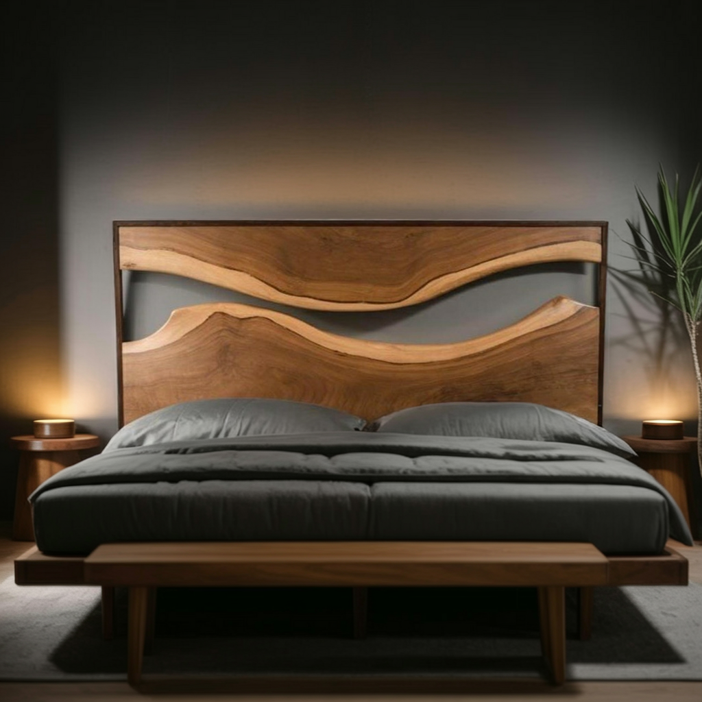 Artistic Live Edge Headboard And Bed Frame For Bedroom Centerpiece