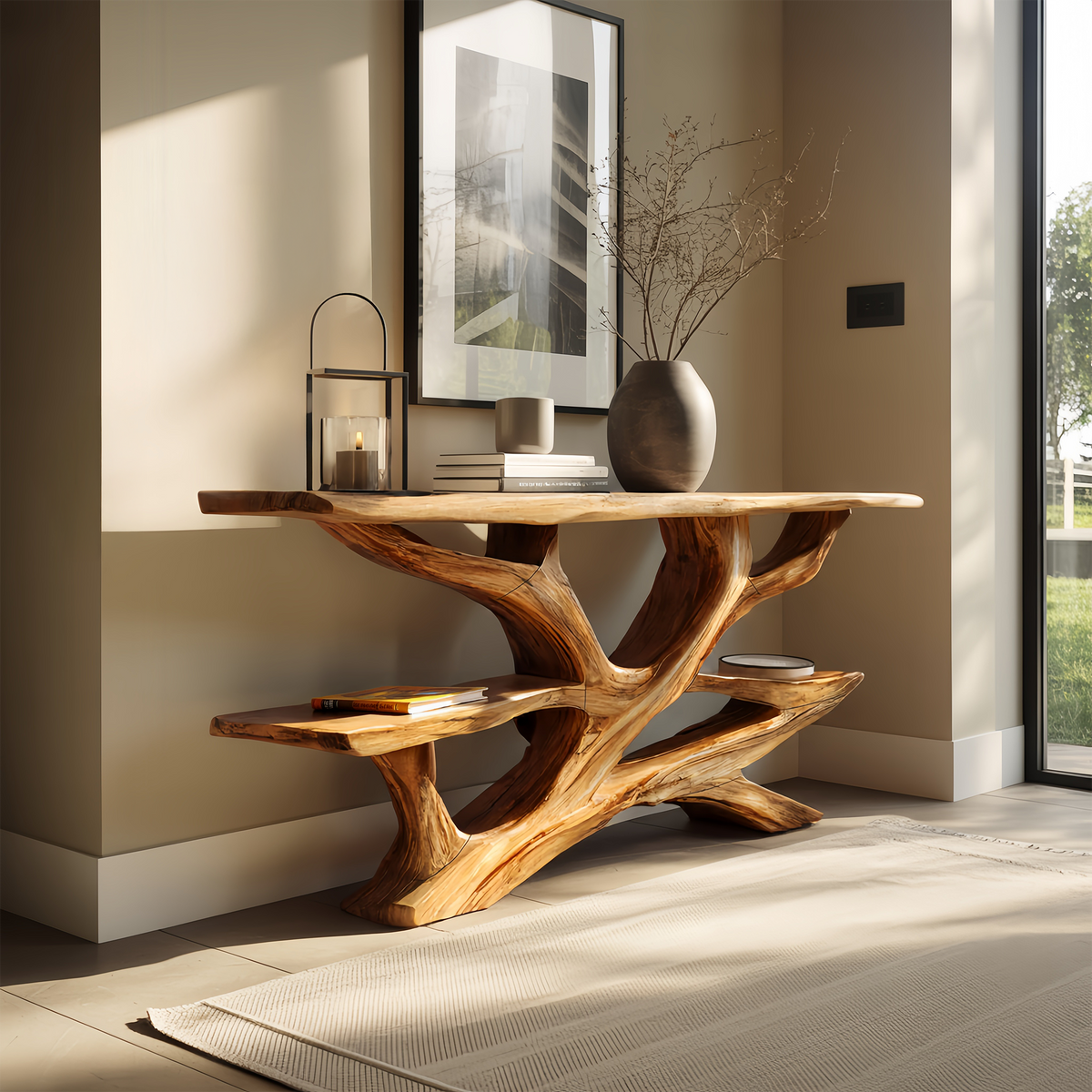 Handcrafted Wooden Live Edge Console Table, Solid Wood Entryway Accent Table with Metal Legs for Luxury Living Room Hallway