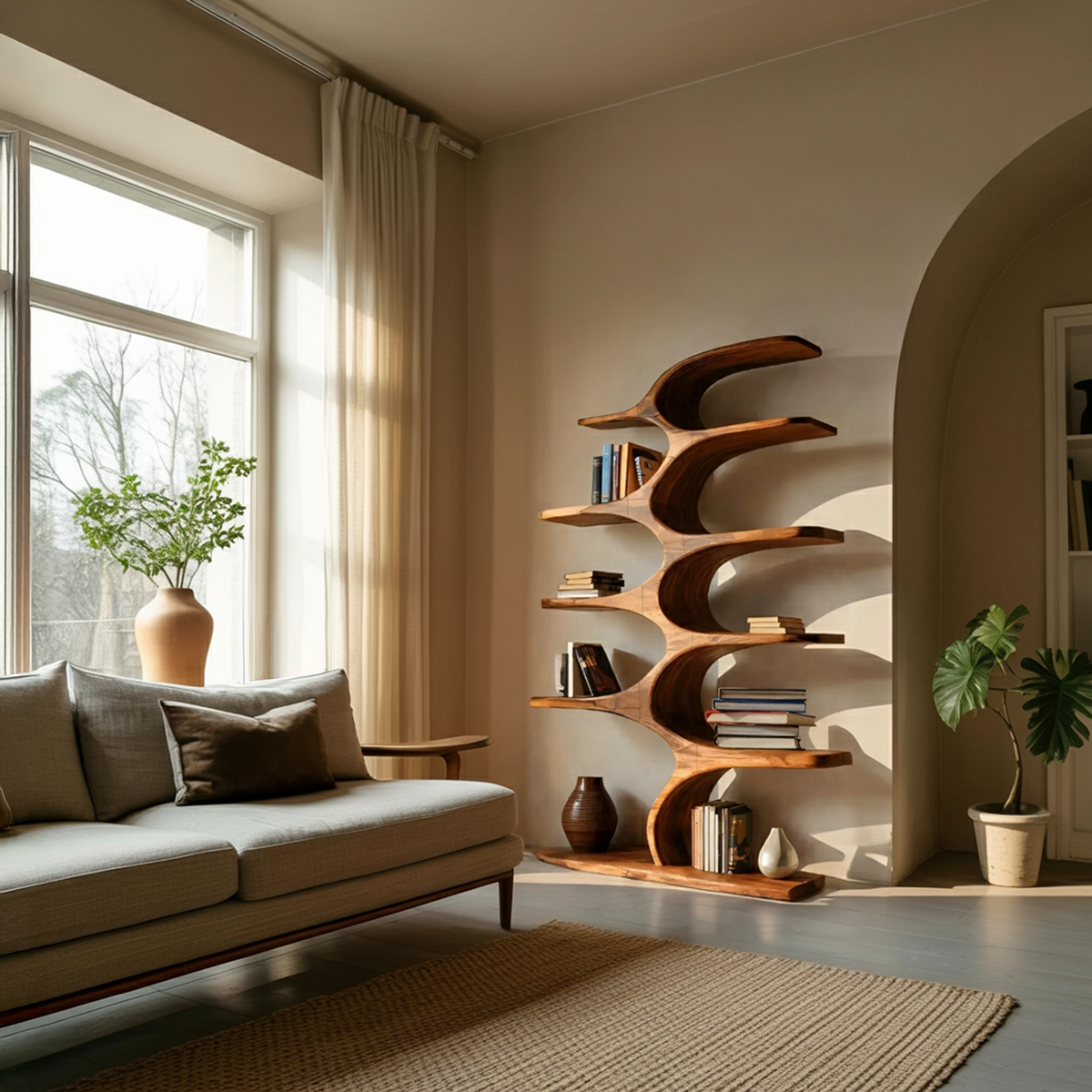Artistic Curved Bookshelf Fluid Lines Statement For Designer Interiors