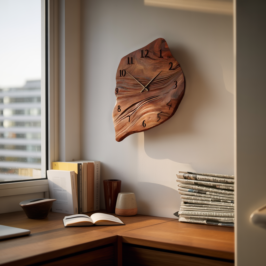 Minimalist Wall Clock, Handcrafted Organic Shape Solid Wood Decorative Timepiece