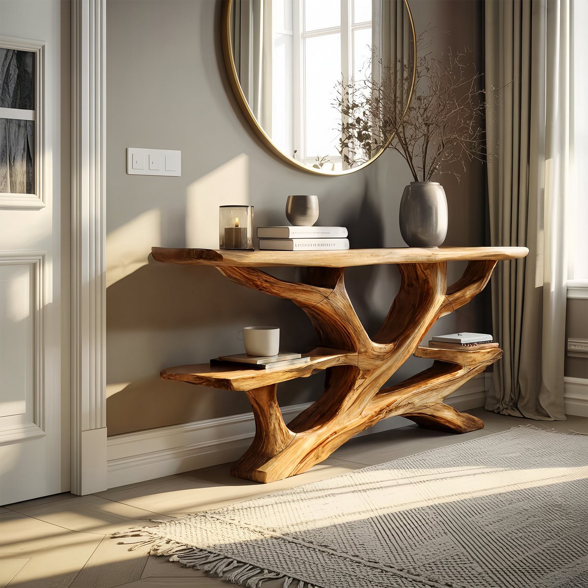 Handcrafted Wooden Live Edge Console Table, Solid Wood Entryway Accent Table with Metal Legs for Luxury Living Room Hallway