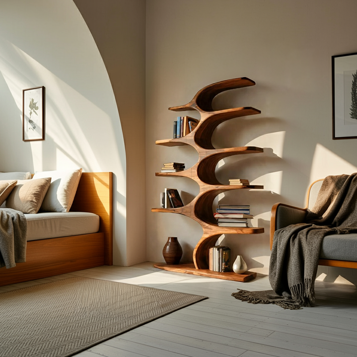 Artistic Curved Bookshelf Fluid Lines Statement For Designer Interiors