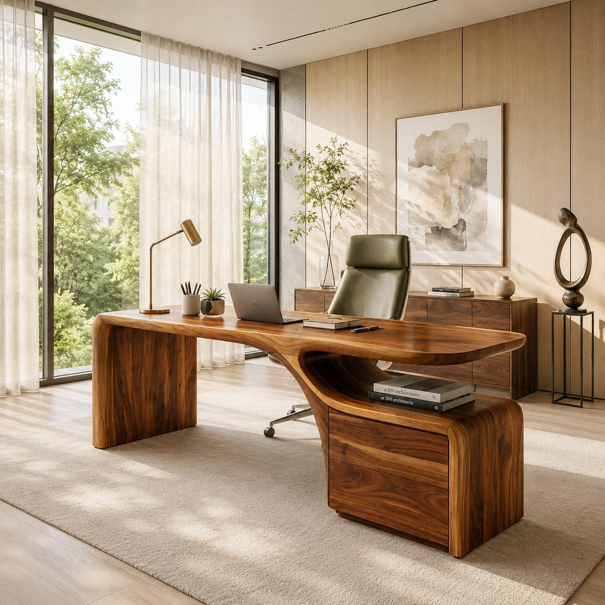 Organic Wood Desk with Drawers, Curved Home Office Writing Table