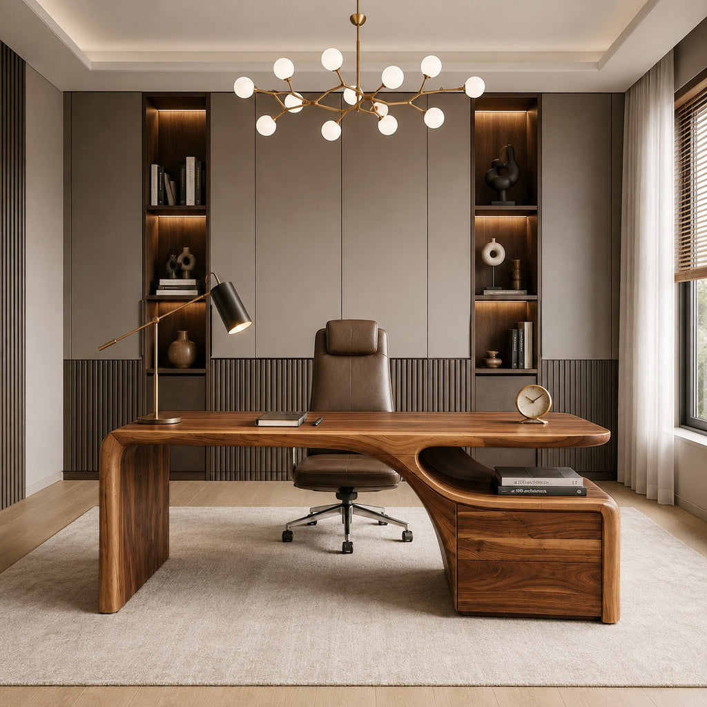 Organic Wood Desk with Drawers, Curved Home Office Writing Table