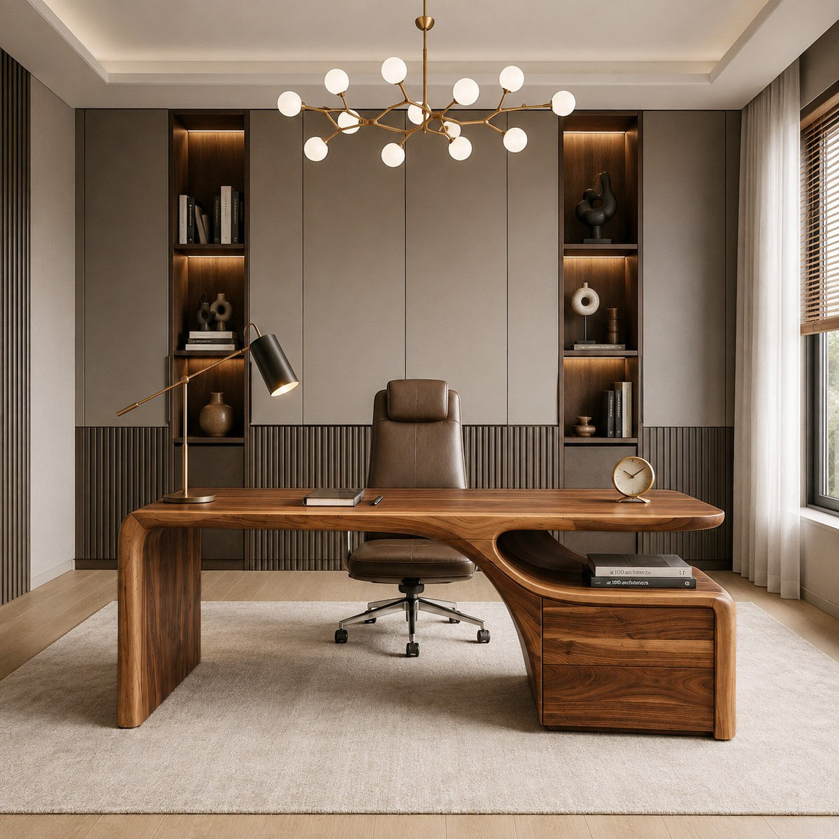Organic Wood Desk with Drawers, Curved Home Office Writing Table