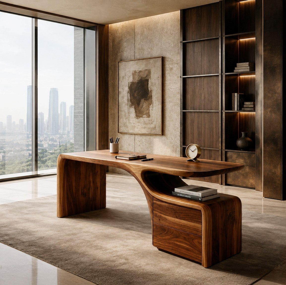 Organic Wood Desk with Drawers, Curved Home Office Writing Table