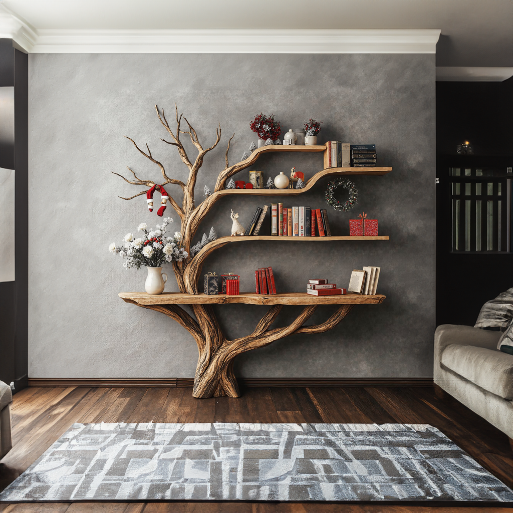 Live Edge Console Table with Tree Bookshelf, 2-in-1 Solid Wood