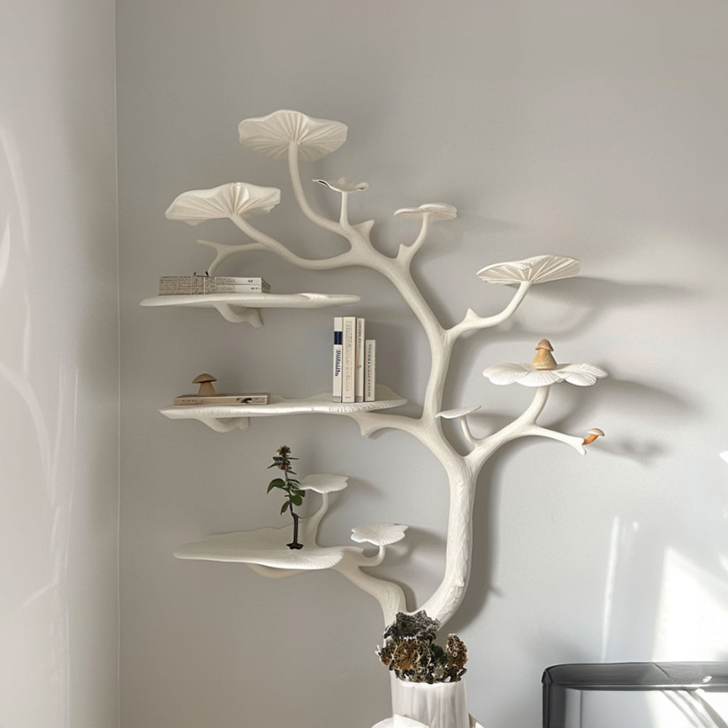 Natural Mushroom Tree Bookshelf Wall Mounted Wild Mulberry Wood Decor