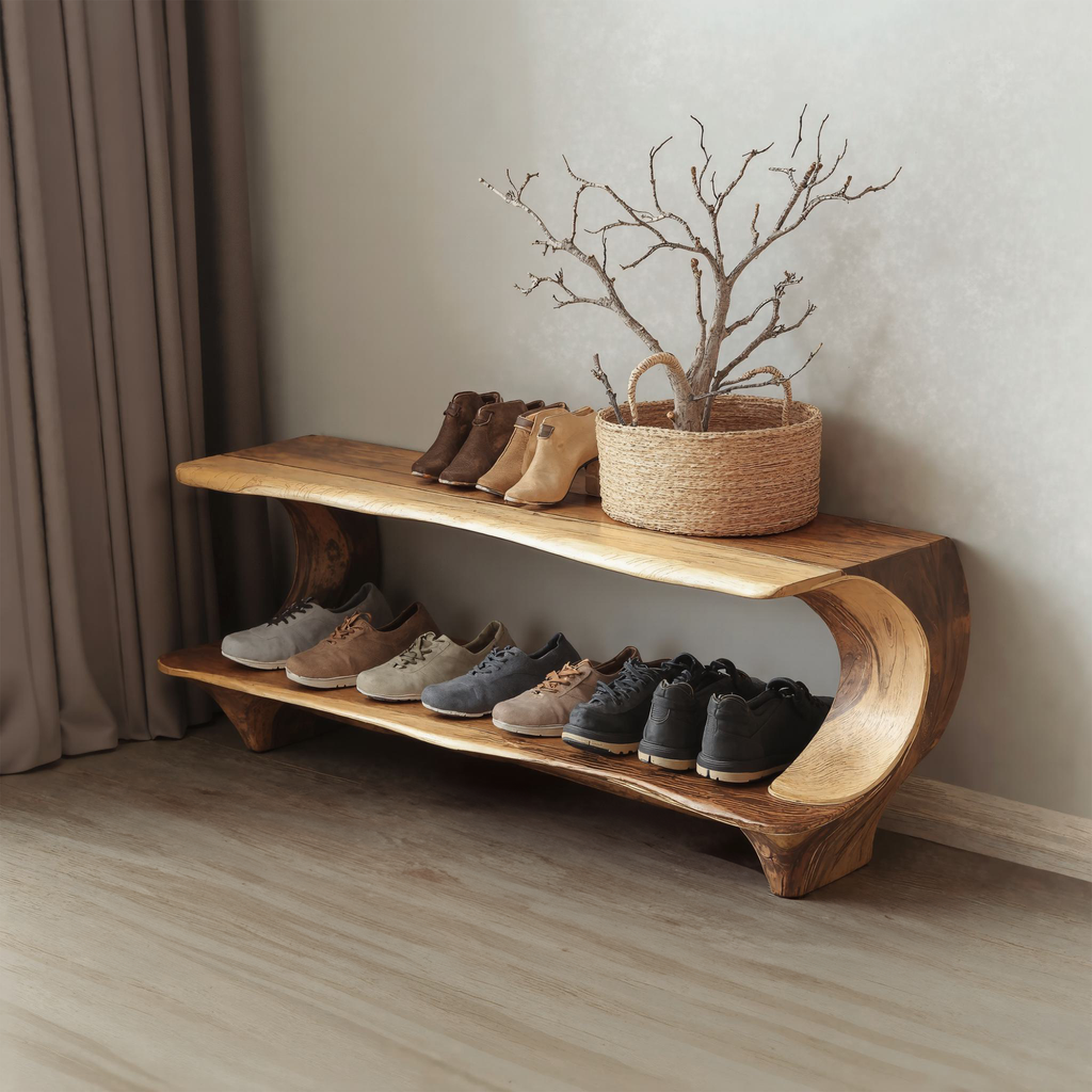 Entryway Shoe Rack Bench, Narrow Live Edge Solid Wood Storage Bench