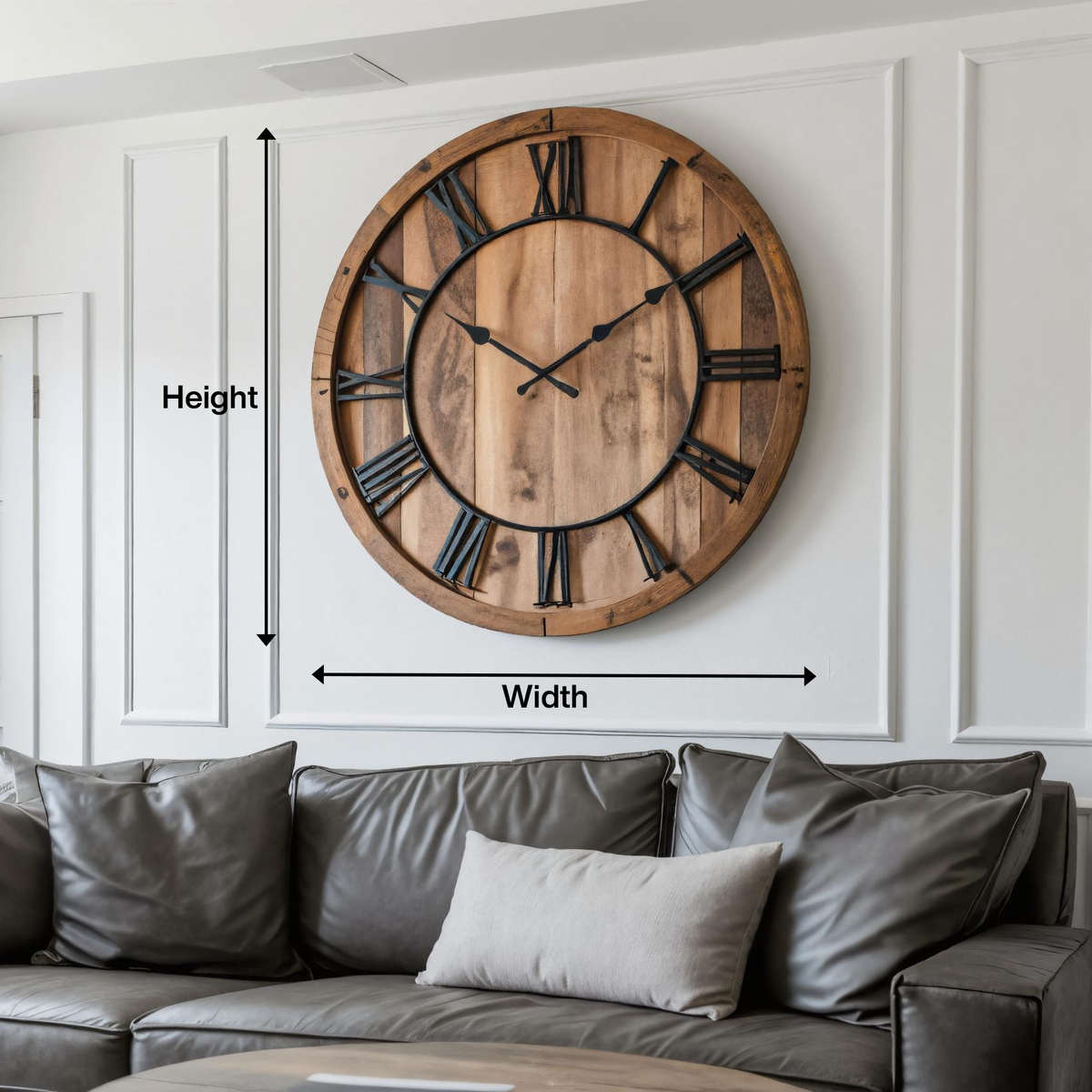 Oversized Rustic Wall Clock with Roman Numerals, Large Farmhouse Wooden Clock