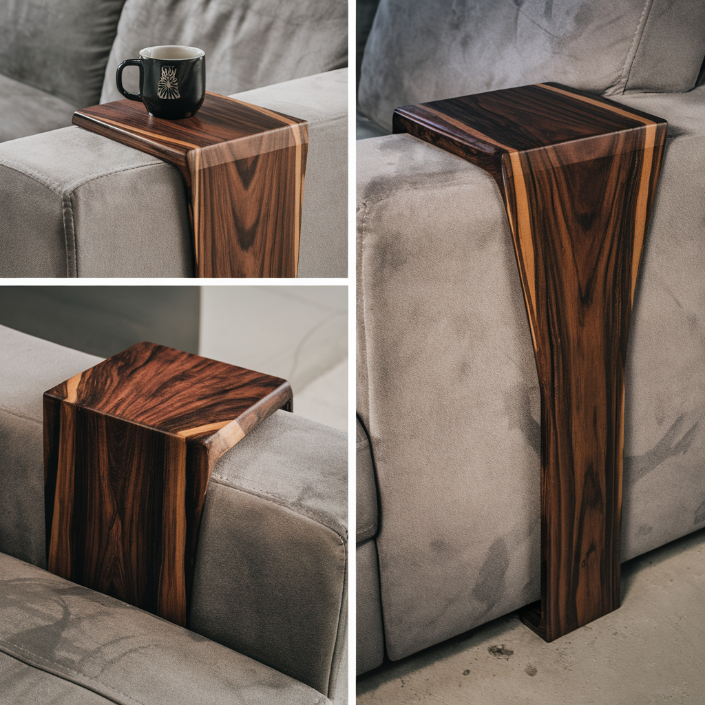 Handcrafted Solid Wood Armrest Table For Sofa Storage